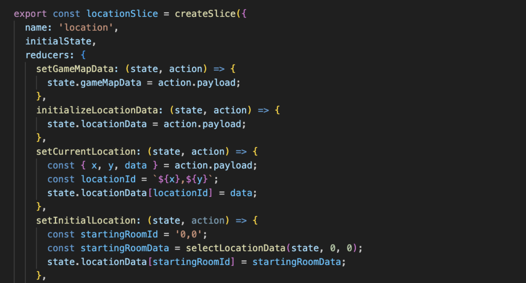 Code sample showing redux handling game map state